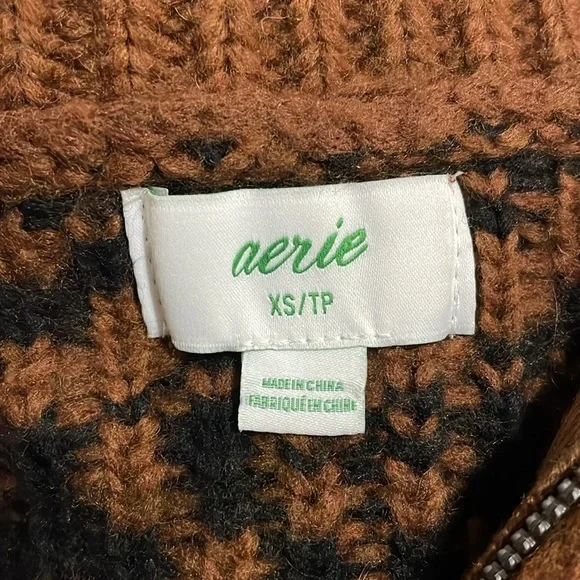 AERIE |Fair Isle | Aztec Pattern | Oversized Quarter Zip |Brown/Black |Size XS - Picture 13 of 16